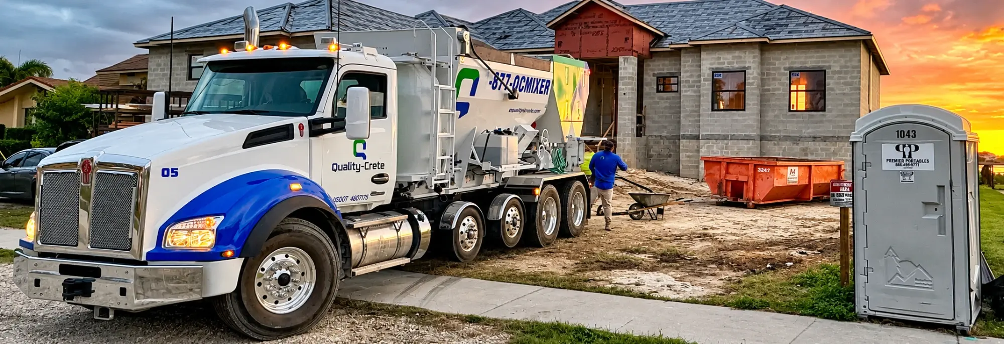 Quality-Crete volumetric mixer at sunset