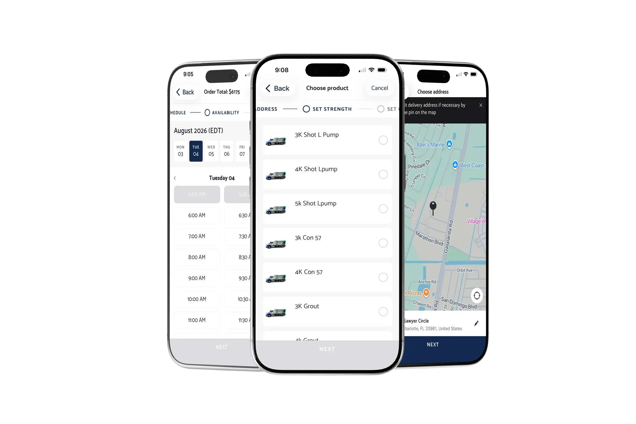 Quality-Crete app order, tracking and ticket screens