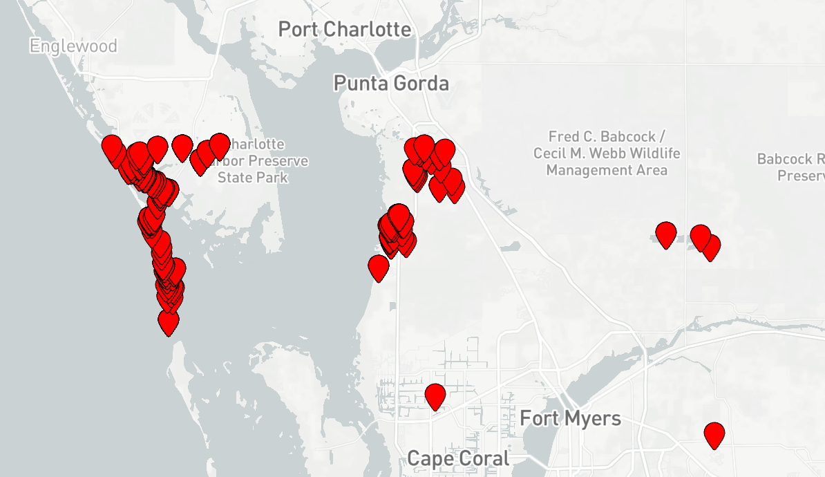 Service-area map of Southwest Florida marked with Quality-Crete delivery pins