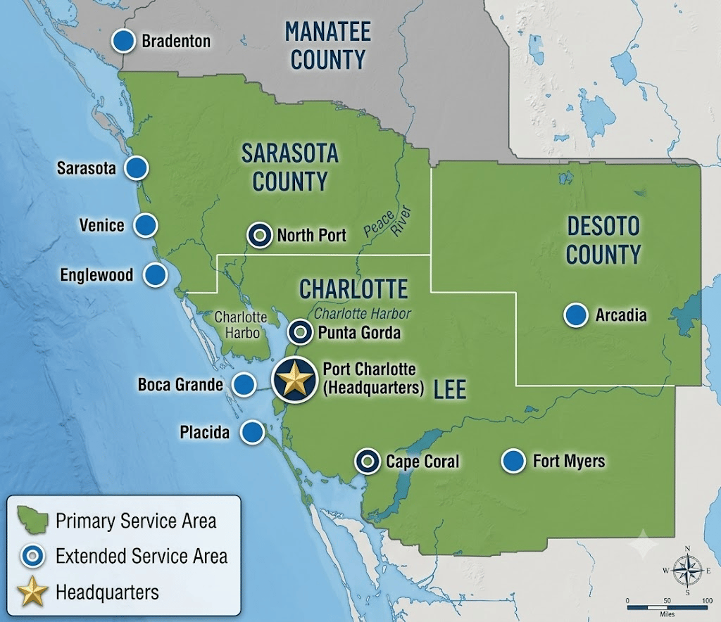 Map of the Quality-Crete primary and extended service areas across Charlotte, Sarasota, DeSoto and Lee counties
