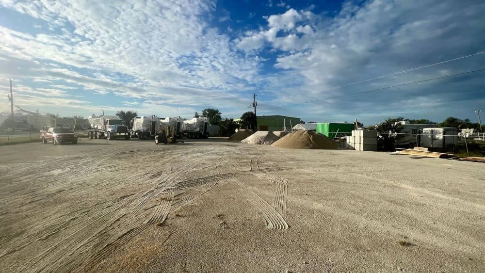 Staging yard with volumetric mixers ready for a large pour