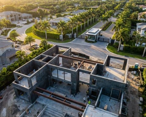 Aerial view of a custom home under construction